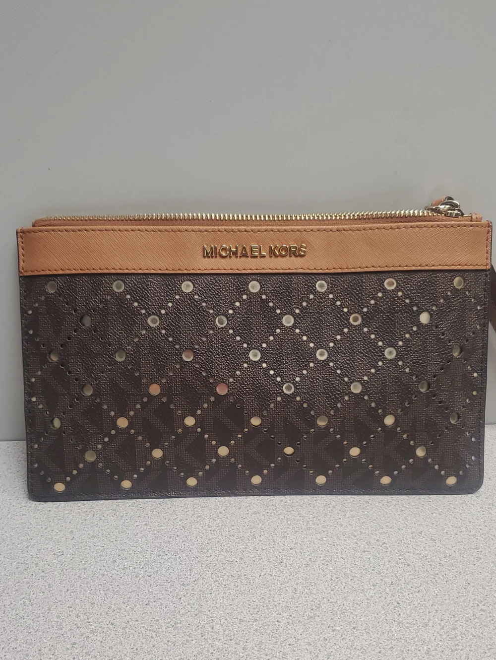 Michael Kors Dark Brown Perforated Zip Clutch with Tan Trim